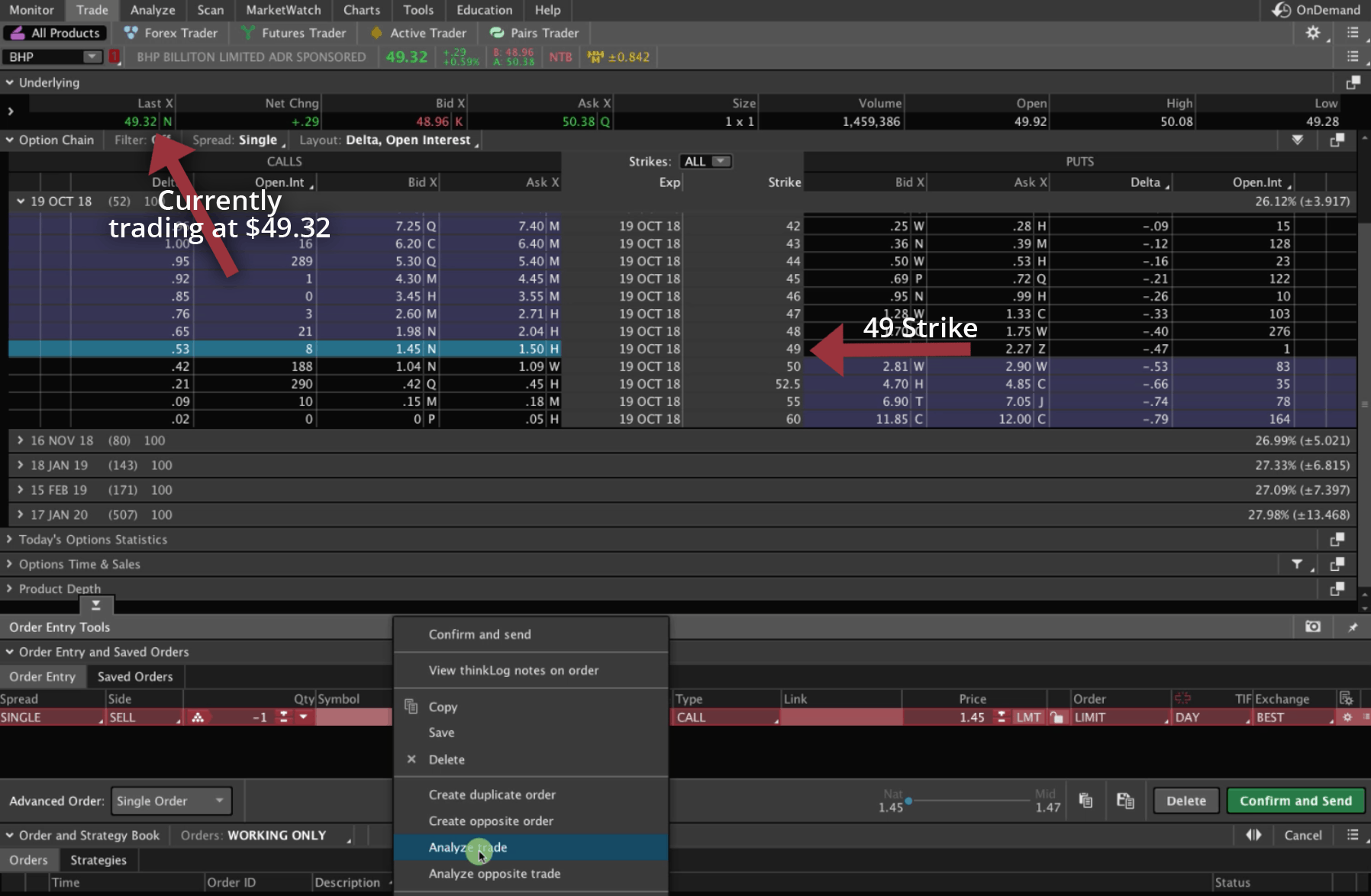 BHP example in Trade Tab