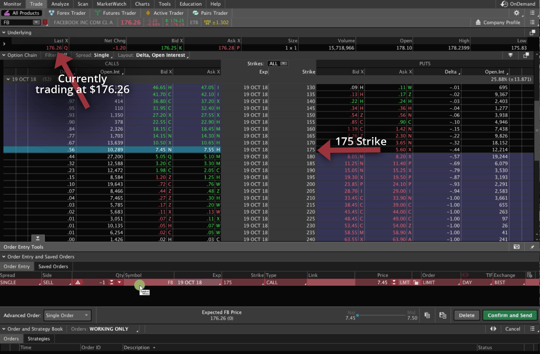 Looking at FB in Trade Tab - choosing strikes