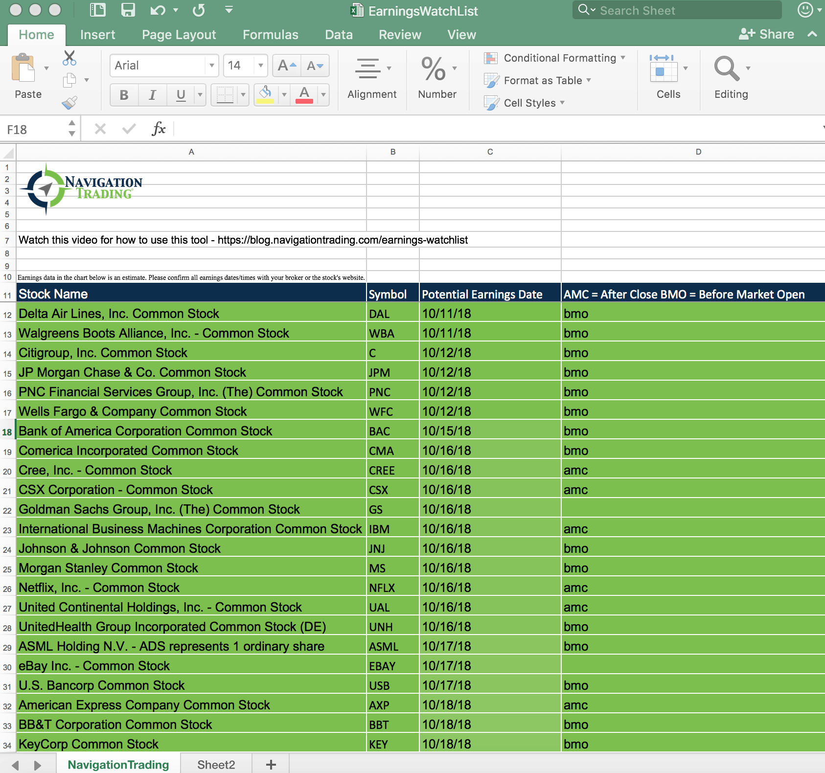 Earnings Watch List once you open it