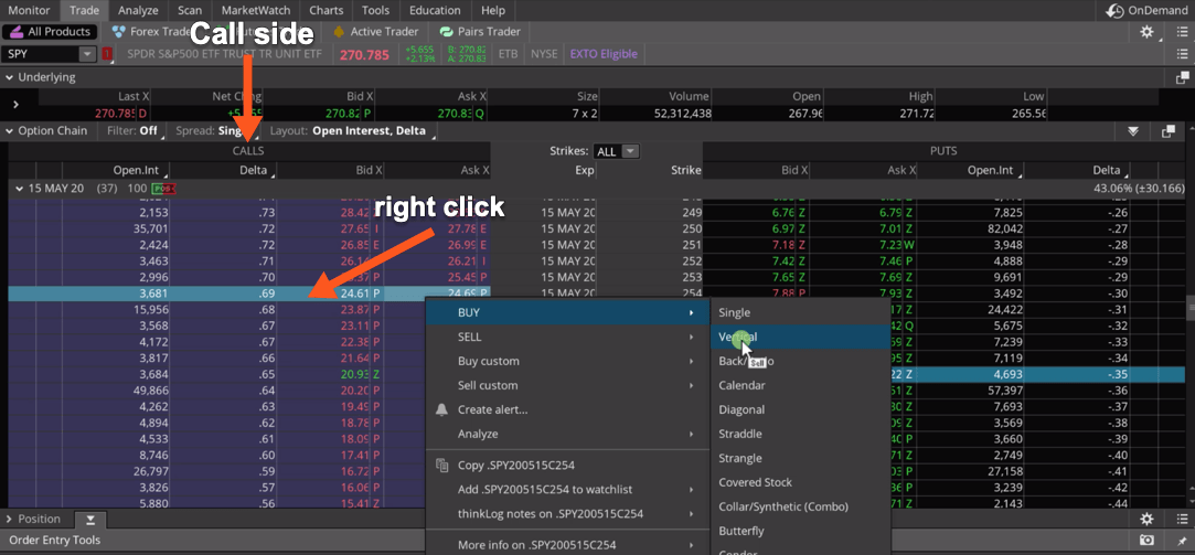 Setting up Long Call Vertical